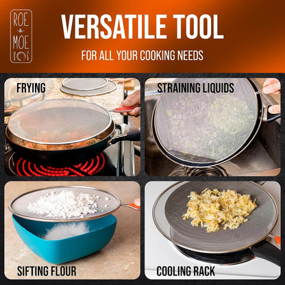 Roe & Moe Splatter Screens - Stainless Steel Splatter Screens for Frying Pan with Insulated Handles - Grease Splatter Guards For Frying Pan that Lets You Create Masterpieces with Ease (Pack of 3)