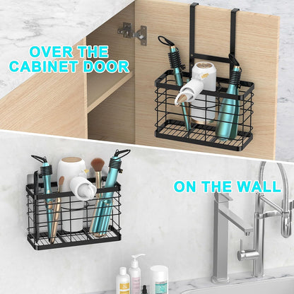 Hair dryer holder cabinet door - Hair tool organizer wall mount | Cabinet Door Bathroom Organizer Hair Care & Styling Tools Storage Basket for Hair Dryer, Curling Irons, Hair Straighteners