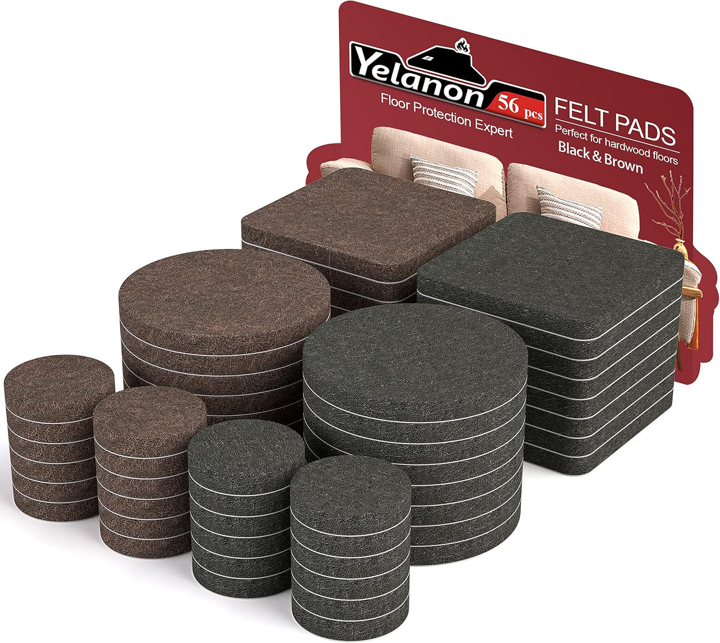 Felt Furniture Pads -56 Pcs(1+2)” Premium Felt Pads for Chair Legs Furniture, Floor Protectors for Hardwood Floors,Brown