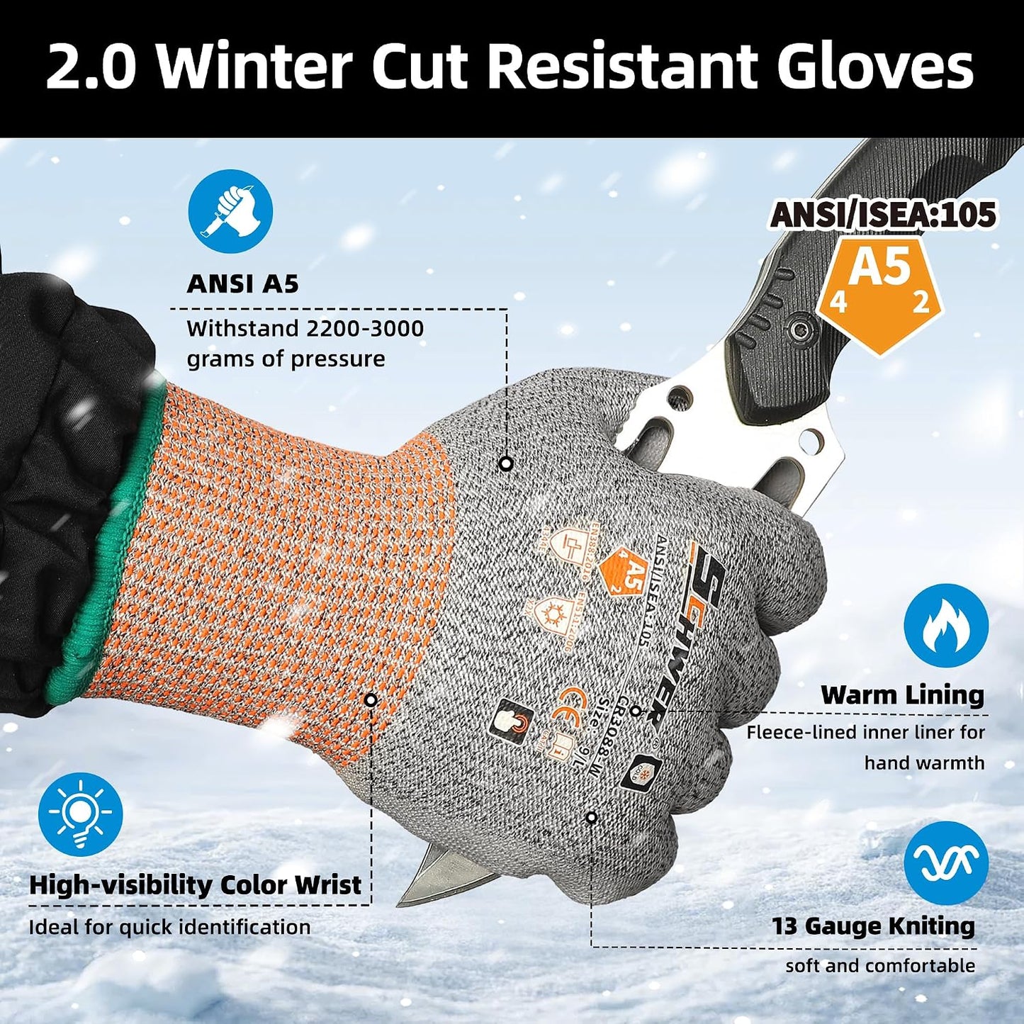 Schwer 12 Pairs A5 Cut Resistant Gloves, Non PFAS & Fiberglass，CR3088, L | Non PFAS Fiberglass, PU Coating, Strong Grip, Abrasion Resistant, for Glass Cutting, Warehouse Handling, Gardening Work