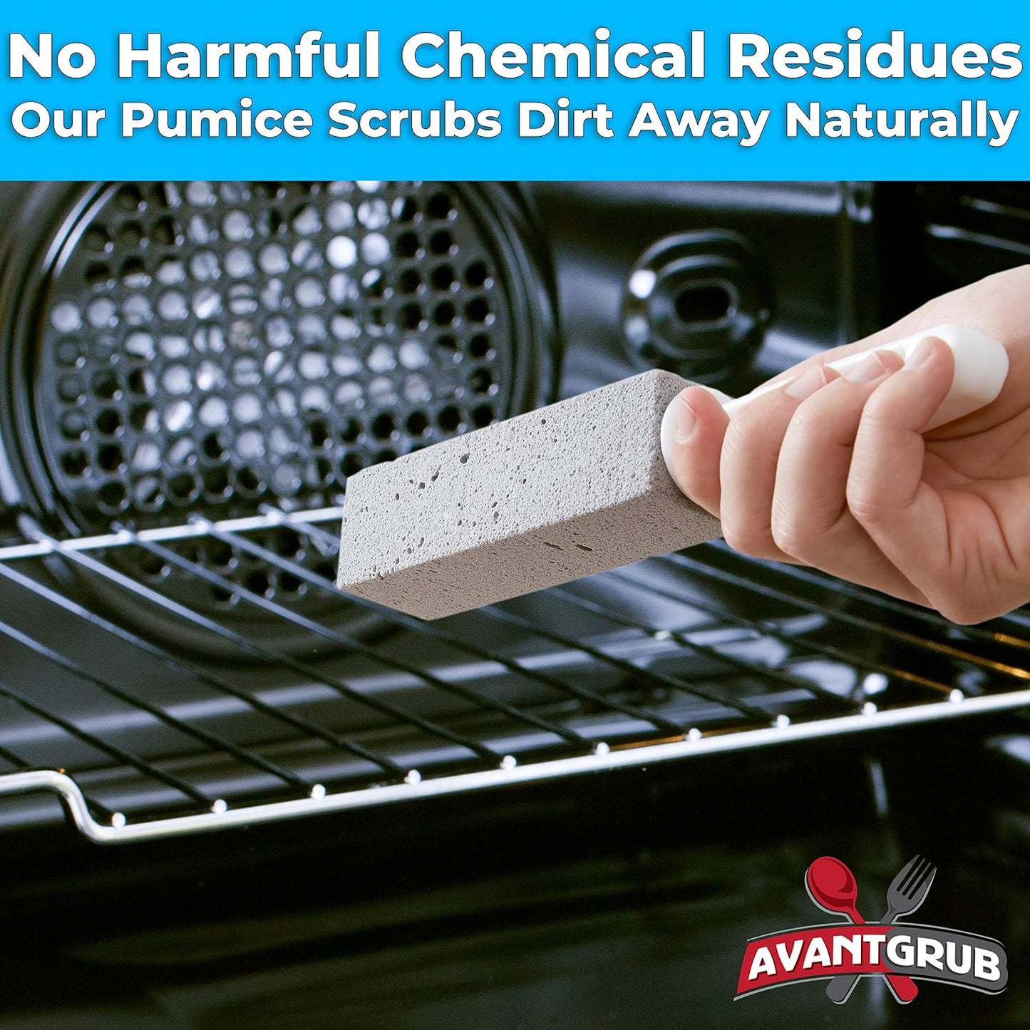 Non-Toxic, Chemical-Free Grey Pumice Scrubber 2 Pk with Handle. Perfect Reusable Cleaning Block for Kitchen, Cookware, Grills, BBQs and Bathrooms. Best Cleaner for Rust Stains, Carbon, or Calcium