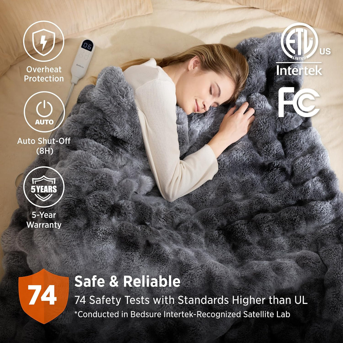 Bedsure Heated Blanket Electric Throw - Thick Striped Fast Heating Electric Blanket with Preheat Function, 6 Heat & 6 Timer (Up to 10H), 8H Auto Off, ETL Certified, Gifts for Women (50"x60", White)