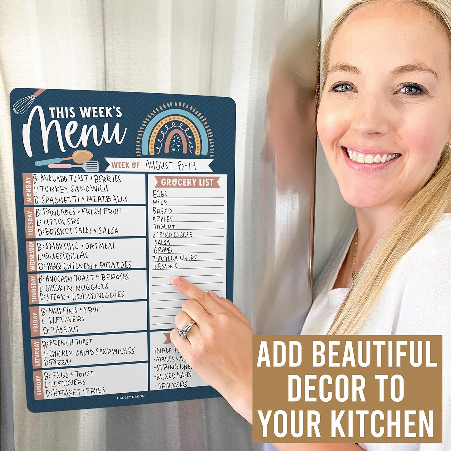 Hadley Designs Weekly Meal Planner for Fridge - Dinner Menu Board for Kitchen, Kraft Weekly Menu Board Dry Erase, Dry Erase Meal Planner for Fridge, Grocery List for Fridges with Conversion Chart