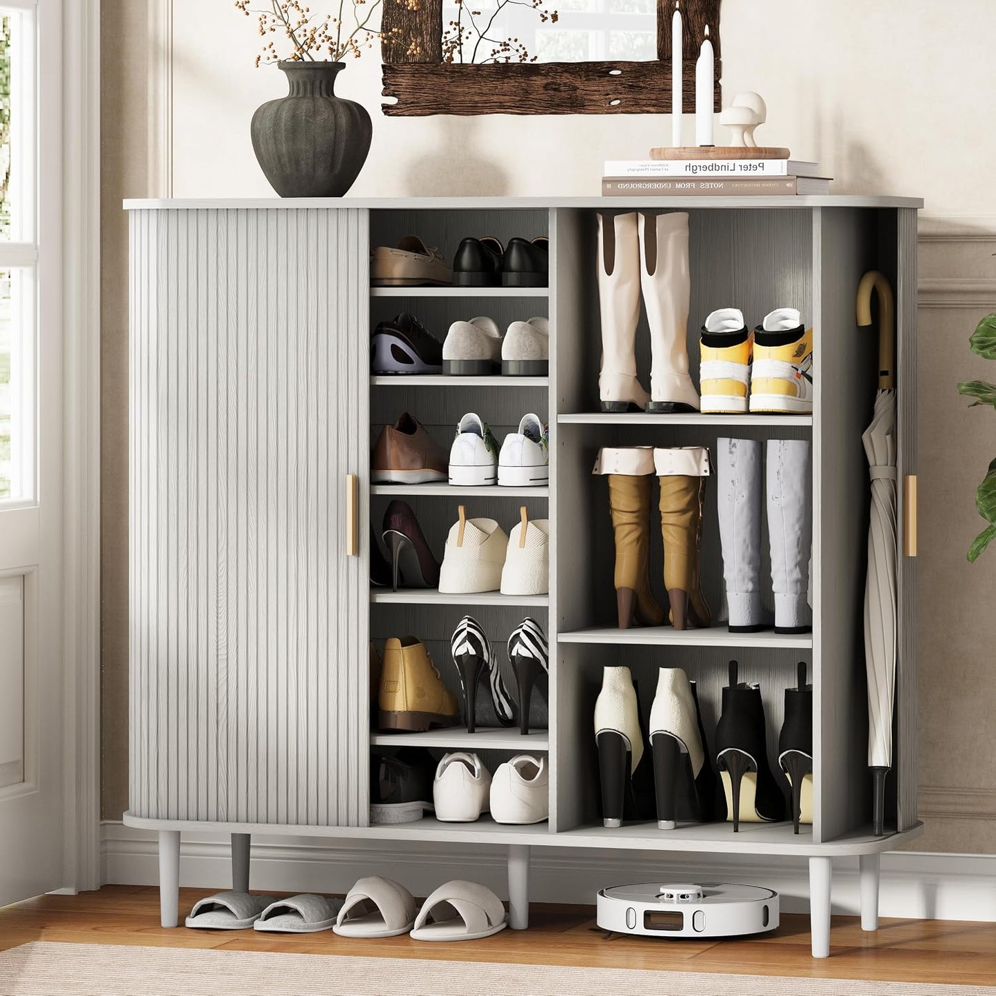 DHH Shoe Storage Cabinet with Sliding Door, 6-Tier Shoe Cabinet with Adjustable Shelves, Modern Freestanding Shoe Storage Organizer for Entryway, Hallway, Living Room (Walnut, 47 ")