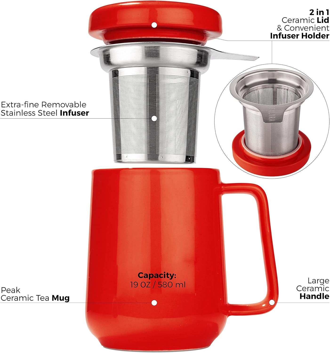 Tealyra - Peak Ceramic Red Tea Cup Infuser - 19-ounce - Large Tea High-Fired Ceramic Mug with Lid and Stainless Steel Infuser - Tea-For-One Perfect Set for Office and Home Uses - 580 milliliter
