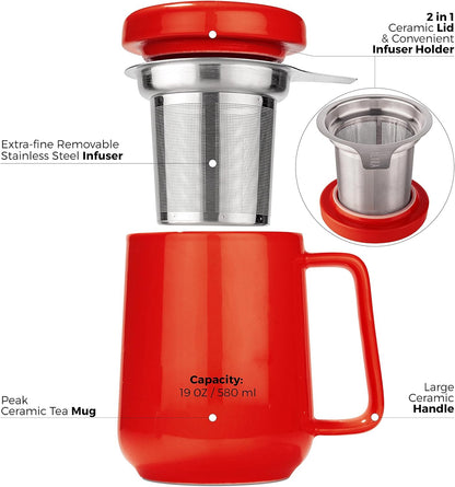 Tealyra - Peak Ceramic Red Tea Cup Infuser - 19-ounce - Large Tea High-Fired Ceramic Mug with Lid and Stainless Steel Infuser - Tea-For-One Perfect Set for Office and Home Uses - 580 milliliter