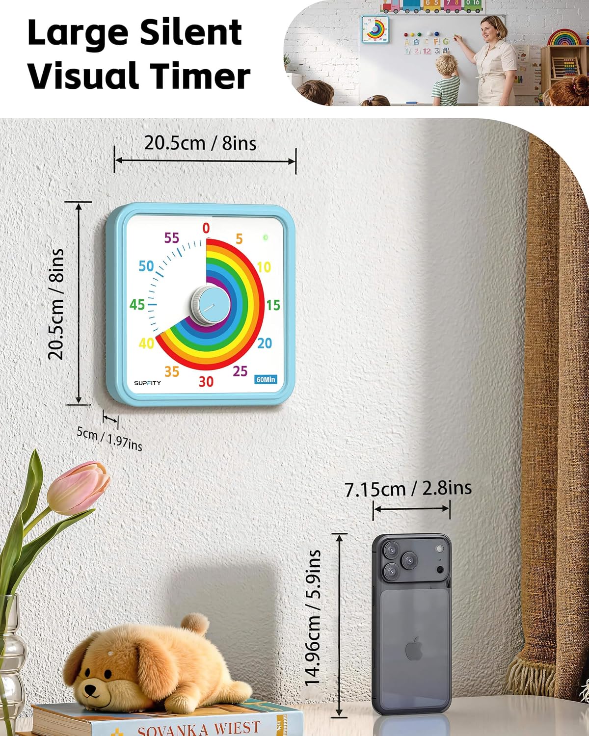 8-Inch Large Visual Timer for Kids 60-Minute Classroom Timer Magnetic | Countdown Timer with Pause Kickstands, Time Management Tool ADHD Timer Home School Kitchen and Office