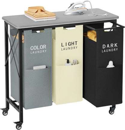 Gewudraw 3 Section Laundry Sorter with Ironing Board, Black | Laundry Sorter with Removable Bags, Heavy-Duty Rolling Laundry Cart, Lockable Wheels, For Bathroom, Bedroom