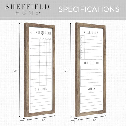 Sheffield Home Set of Two Family Planner Dry Erase Boards Featuring, Chore Chart, Shopping List, Weekly Meal Planner and Notes, 9x21 Inch, Natural