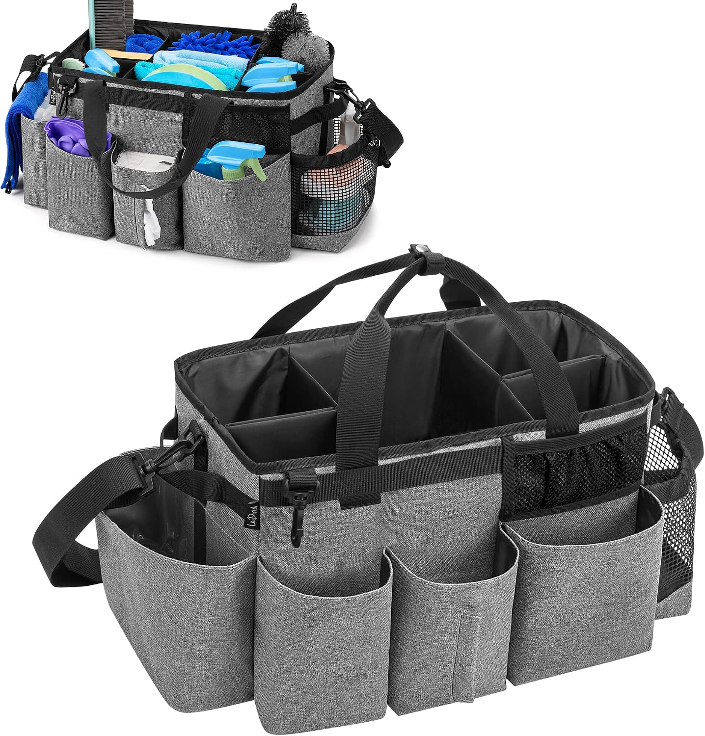 LoDrid Wearable Cleaning Caddy Bag with 4 Foldable Dividers, Black | Cleaning Supply Organizer with Shoulder Strap and Side Handles for Cleaners & Housekeepers