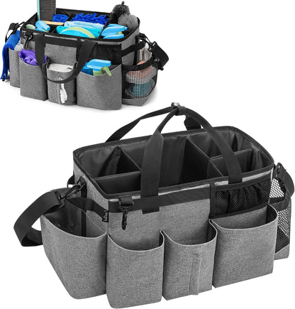 LoDrid Wearable Cleaning Caddy Bag with 4 Foldable Dividers, Black | Cleaning Supply Organizer with Shoulder Strap and Side Handles for Cleaners & Housekeepers