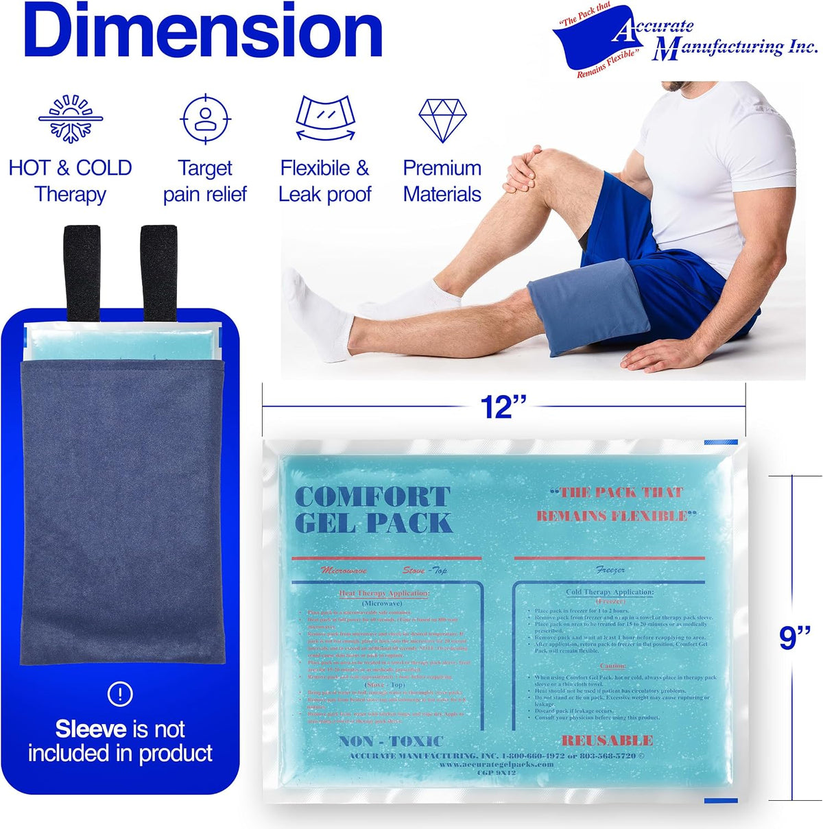 Flexible Reusable Gel Packs for Neck, Wrist, Arm, Back and Shoulder Pain Relief - Versatile Hot or Cold Gel Packs for Injuries, Sore Muscles or Toothache Pain Relief, Blue, 9" x 12"