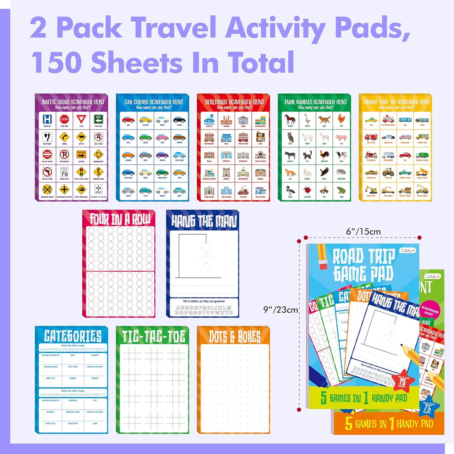 Road Trip Game Pad, 80 Perforated Sheets Travel Activity Pad, 5 Games in 1 Pad, Plane, Car Trip Activity, Pen Pencil & Paper Game for Kids, Adults (6” x 9”)