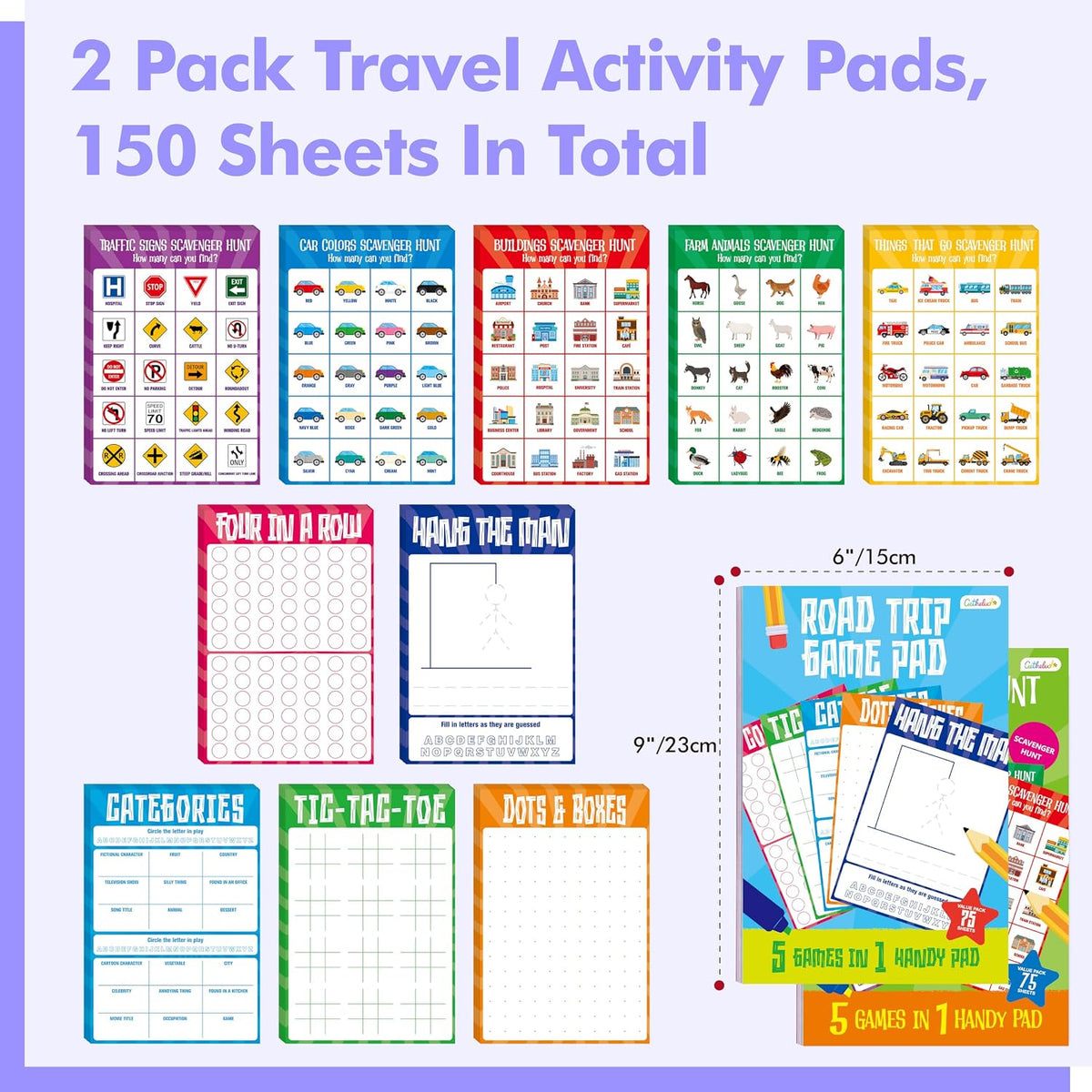 Road Trip Game Pad, 80 Perforated Sheets Travel Activity Pad, 5 Games in 1 Pad, Plane, Car Trip Activity, Pen Pencil & Paper Game for Kids, Adults (6” x 9”)