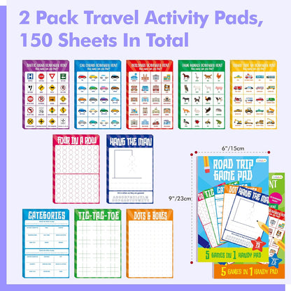 Road Trip Game Pad, 80 Perforated Sheets Travel Activity Pad, 5 Games in 1 Pad, Plane, Car Trip Activity, Pen Pencil & Paper Game for Kids, Adults (6” x 9”)