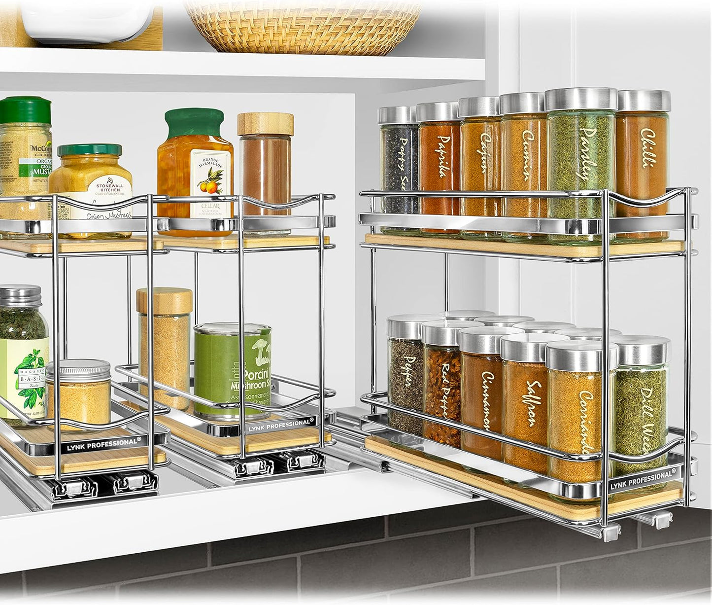 LYNK PROFESSIONAL® Pull Out Spice Organization for Cabinets - 4-3/8 inch Wide – Spice Rack for Inside Cabinets, Slide Out Spice Rack Organizer for cabinet – Pull Out Spice Rack, Sliding 2 Tier Chrome