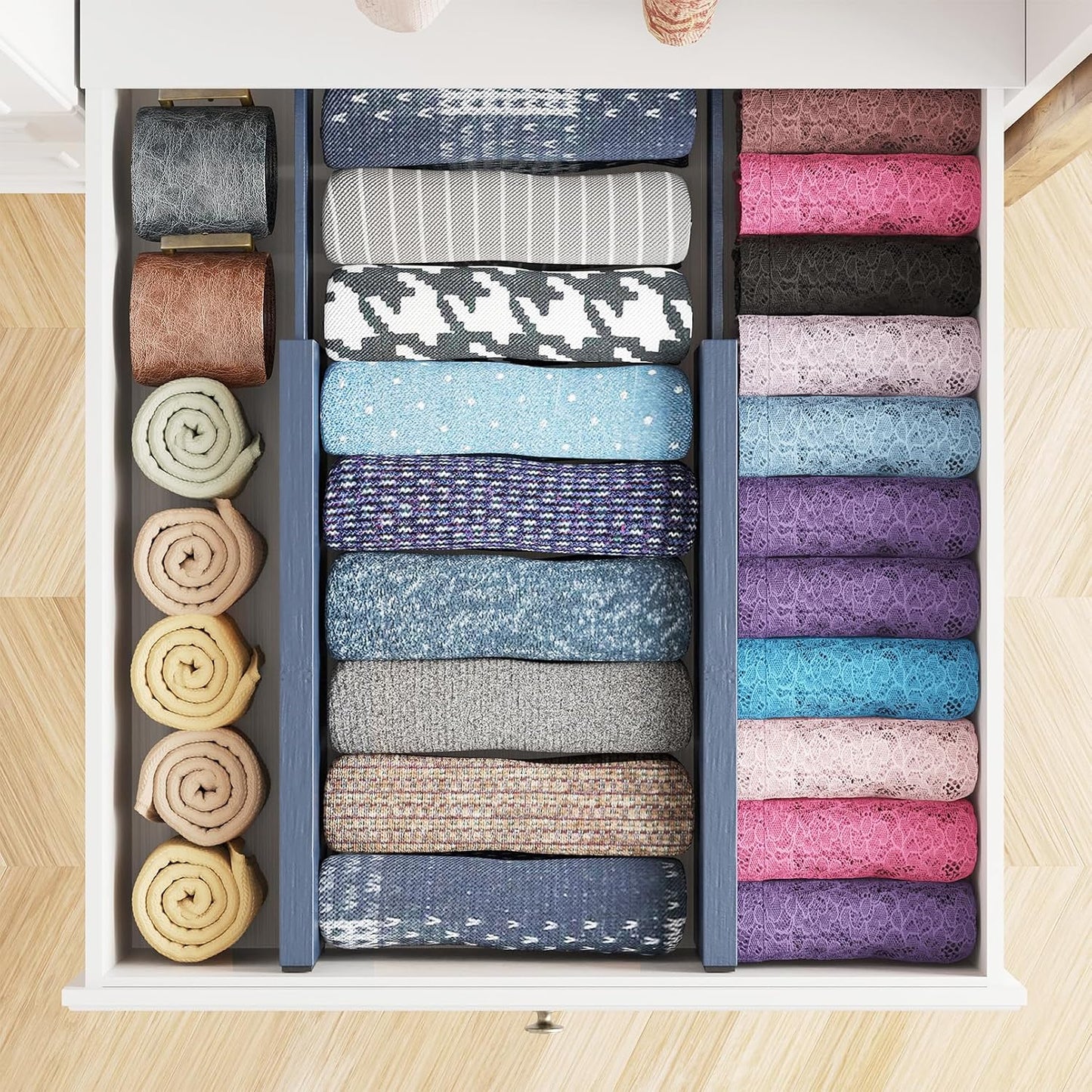 SpaceAid Bamboo 4 Pack Dresser Drawer Dividers, 4.65“ High Adjustable 12.5“-17” Drawer Organizers, Expandable Organization for Clothing, Clothes, Dressers, Black
