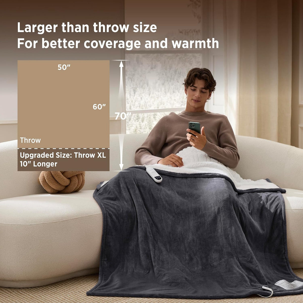 Bedsure Heated Blanket Throw, Soft Electric Blanket with Preheat, Cream