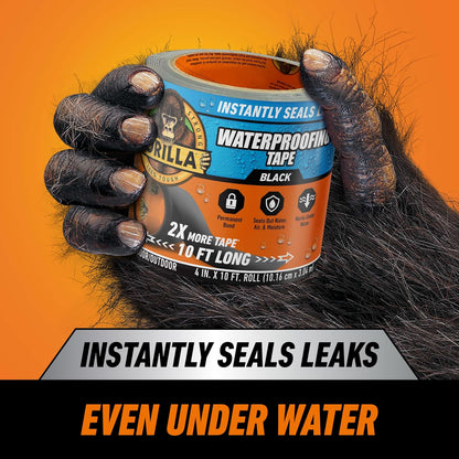 GORILLA Waterproofing Tape, Permanent, Black, 4" x 10', 1-Pack | Weather Resistant Seal for Leaks & Repairs, Air & Moisture Barrier, Bonds Metal, Plastic, Wood, Rubber & Vinyl