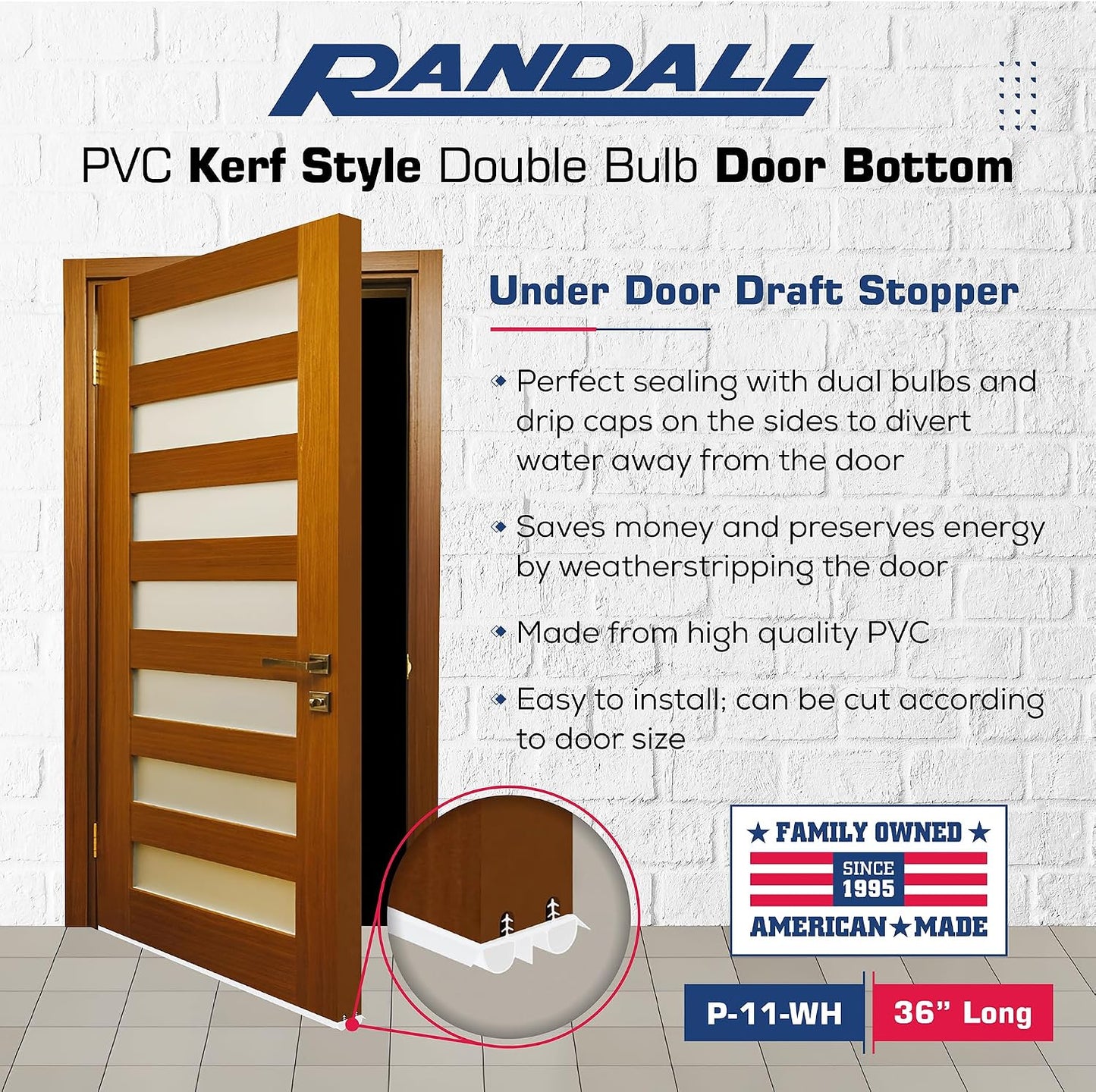 36" Kerf Slide-in Double Bulb Seal Weatherstrip Door Bottom – Durable Seal for Energy Efficiency & Draft Protection (Brown)