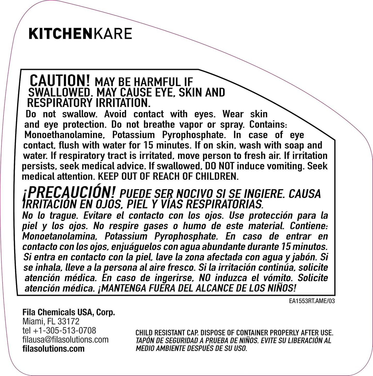 FILA Surface Care Solutions, KITCHENKARE, Heavy Duty Degreaser Cleaner for Kitchen, Grill, Oven, Fireplace; BBQ Cleaner Spray, Desengrasante de Cocina, Degreasing Detergent Bike Chain, 24OZ