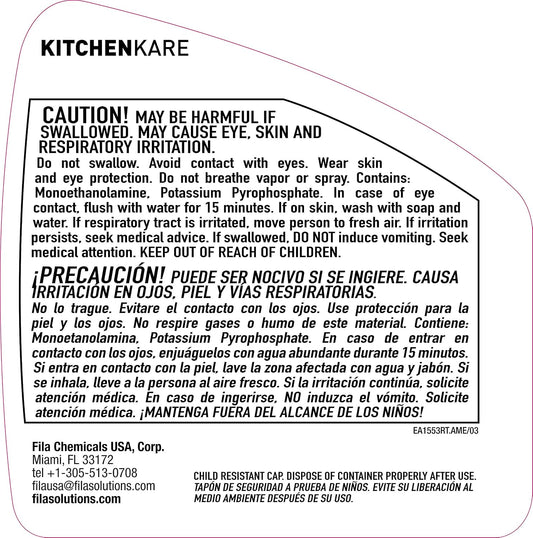 FILA Surface Care Solutions, KITCHENKARE, Heavy Duty Degreaser Cleaner for Kitchen, Grill, Oven, Fireplace; BBQ Cleaner Spray, Desengrasante de Cocina, Degreasing Detergent Bike Chain, 24OZ