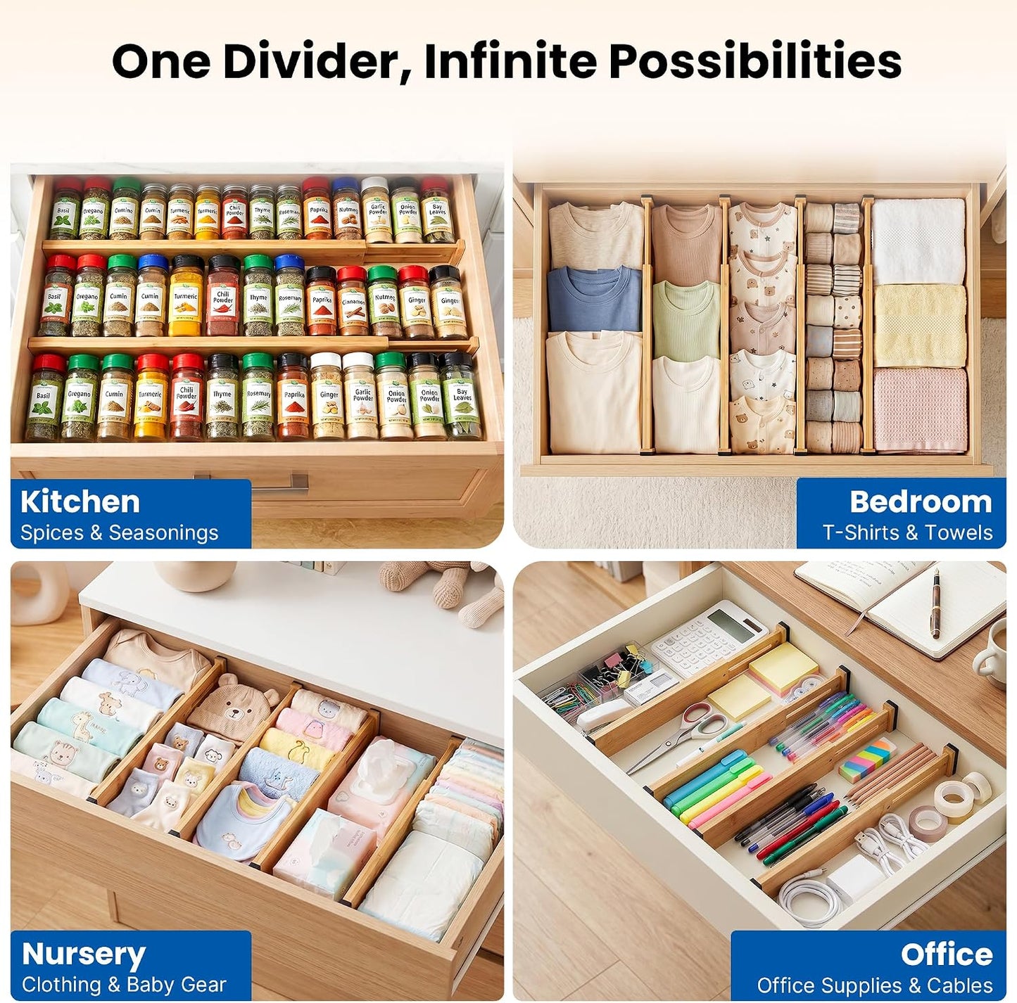 4 Pack 6" Deep Bamboo Drawer Dividers, 17-22" Expandable Kitchen Organizers | Adjustable Spring-Loaded Tension Separators with Foam Pad for Clothes, Utensils, Kitchen, Dresser, Nursery & Bathroom