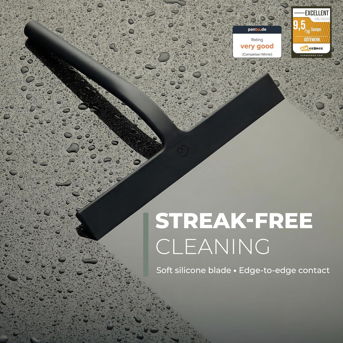 Silicone Shower Squeegee with 3-in-1 No-Drill Mount, Black, 9'' | Squeegee for Glass Doors & Mirrors with Stainless Steel Core, Streak-Free & No-Squeak Window Cleaning, Hook/Suction/Adhesive