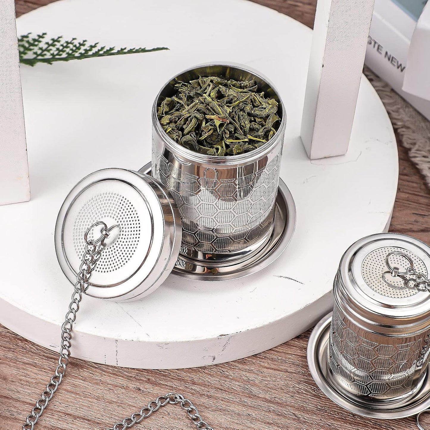 2 Pack Tea Infusers For Loose Tea, 304 Stainless Steel, 2 Inch | Fine Mesh Filter, Threaded Lid, Chain Hook, Drip Trays, Fits Most Mugs And Teapots, Dishwasher Safe