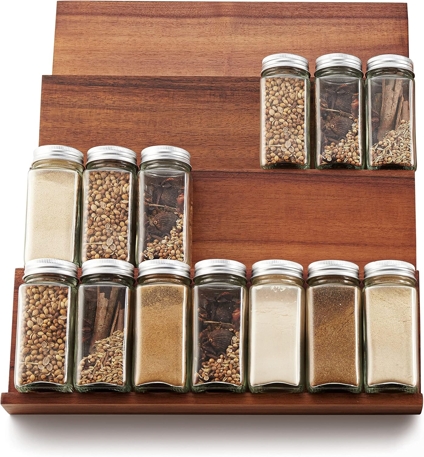 Tinamo Acacia Wood 4-Tier Spice Rack Organizer for Cabinet, Pack of 8 Pcs | Solid Acacia Wood Construction, No assembly, Stackable 4-tray design, Spacious for up to 64pcs 4oz Jars, Easy to Clean