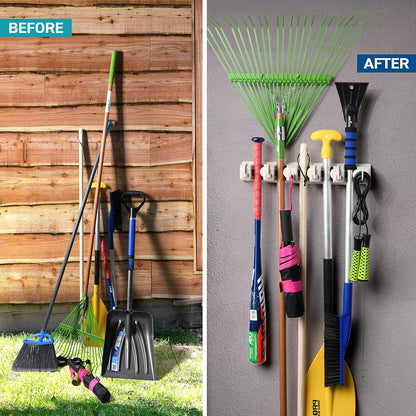 HOME IT Broom and Mop Holder Wall Mount – Heavy Duty Garage Organizer with 5 Slots & 6 Hooks, 7.5lbs Capacity Per Slot - Easy Install Storage Rack for Home, Kitchen, Laundry Room & Garden - Off-White