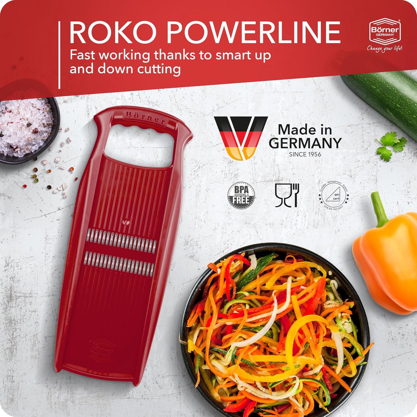 Börner Roko PowerLine Vegetable Slicer Set (2-piece) • Fine Julienne Cutter for Fruit and Vegetables + Safety Guard • Julienne Slicer • Mandoline Slicer Set • Kitchen Slicer (Red)