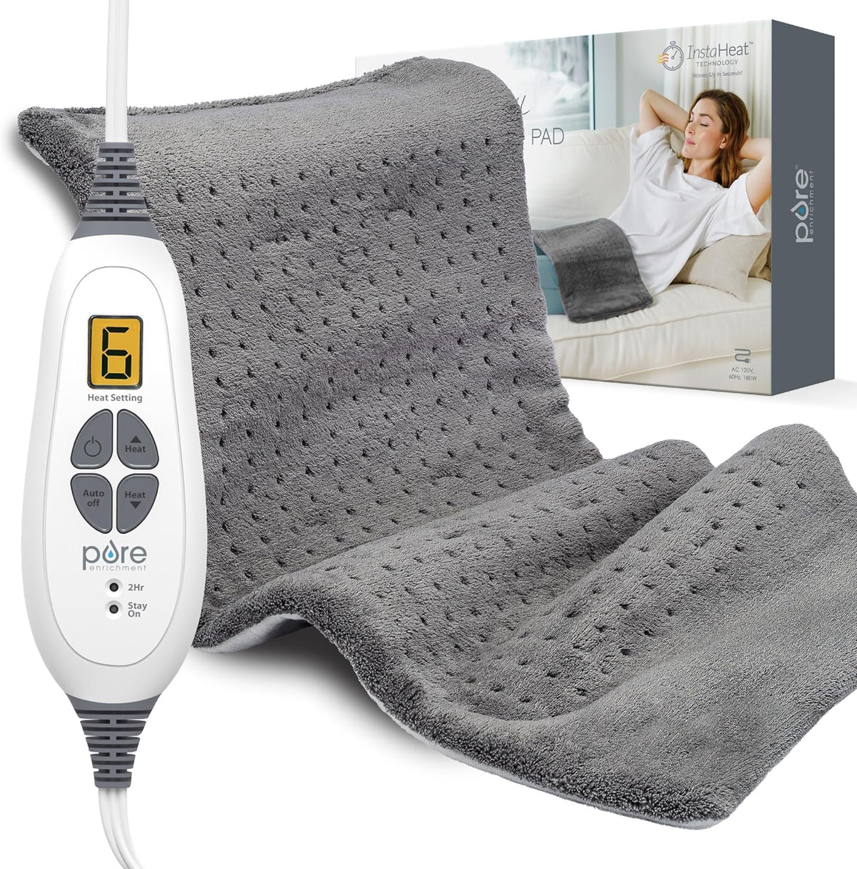 Pure Enrichment PureRelief XL Heating Pad - 12" x 24" Electric Heating Pad for Back Pain & Cramps, 6 Heat Settings, FSA/HSA Eligible, Soft Machine Wash Fabric, Auto-Off & Moist Heat (Zen Green)