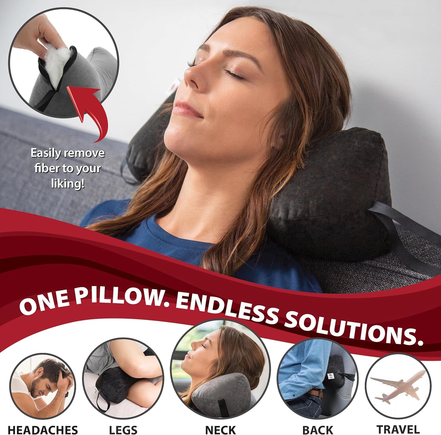 Sleep Log Ergonomic Neck & Travel Pillow for Pain Relief & Support, Full BK | Bone-shaped pillow provides adjustable support for the neck, back, knees, or legs while traveling, sitting, or sleeping.