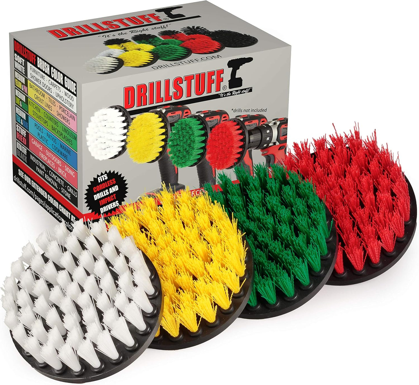 4in Soft, Medium and Stiff Drill Brush Attachment Power Scrubber Brush Set | 4 Piece Power Scrubbing Brushes Drill Attachment Kit - Spin Brushes for Cleaning Showers, Tubs, Bathroom, Tile, Grout, Carpet