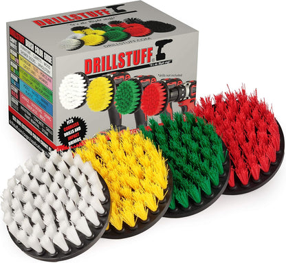 4in Soft, Medium and Stiff Drill Brush Attachment Power Scrubber Brush Set | 4 Piece Power Scrubbing Brushes Drill Attachment Kit - Spin Brushes for Cleaning Showers, Tubs, Bathroom, Tile, Grout, Carpet