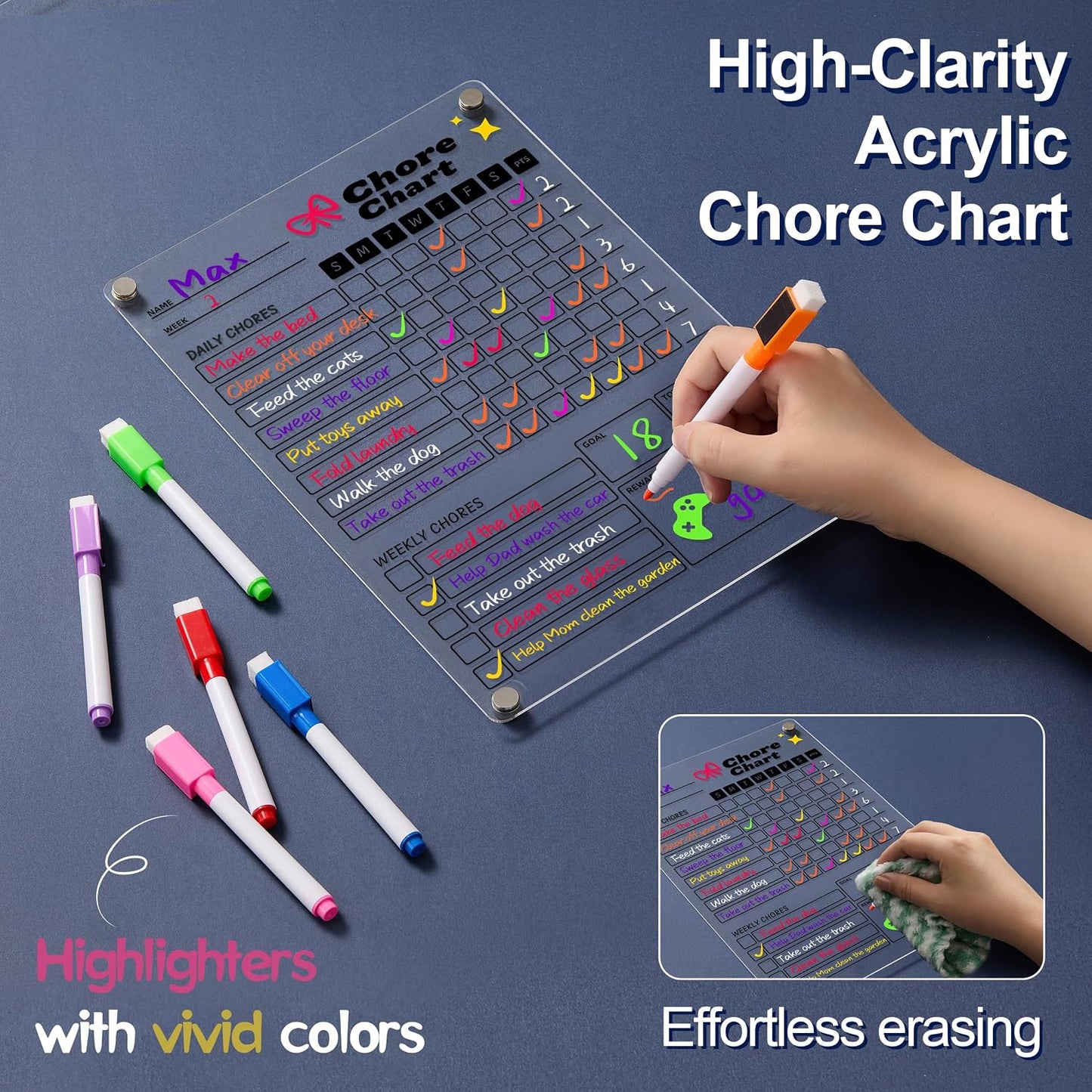 2 Pack Acrylic Magnetic Chore Chart for Kids & Adults on Fridge | 12"x8" Erasable Chore & Reward Board for Kids & Teens - Includes 8 Markers & 1 Towel, Transparent Erasable Checklist, White