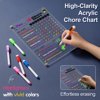 2 Pack Acrylic Magnetic Chore Chart for Kids & Adults on Fridge | 12"x8" Erasable Chore & Reward Board for Kids & Teens - Includes 8 Markers & 1 Towel, Transparent Erasable Checklist, White