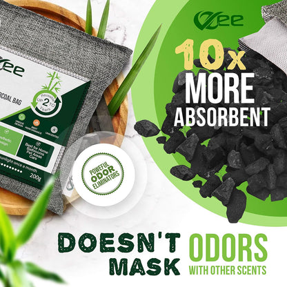 8 XL Bags x 200g Bamboo Charcoal Odor Absorber (1,600g Total),Activated Charcoal Air Purifying Bag, Odor Eliminator for Home, Basement, Smoke, Mothball, Pet, Car, Closet, Shoes