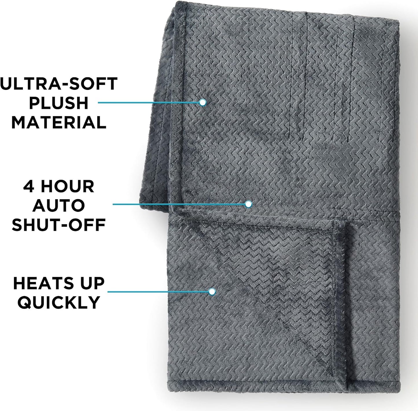 Brookstone Electric Heated Plush Throw - Heated Blankets - 4 Heat Settings, 4-Hour Auto Shut Off, 100% Polyester, 50"x60" - Blue Trellis