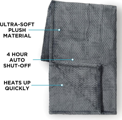 Brookstone Electric Heated Plush Throw - Heated Blankets - 4 Heat Settings, 4-Hour Auto Shut Off, 100% Polyester, 50"x60" - Blue Trellis