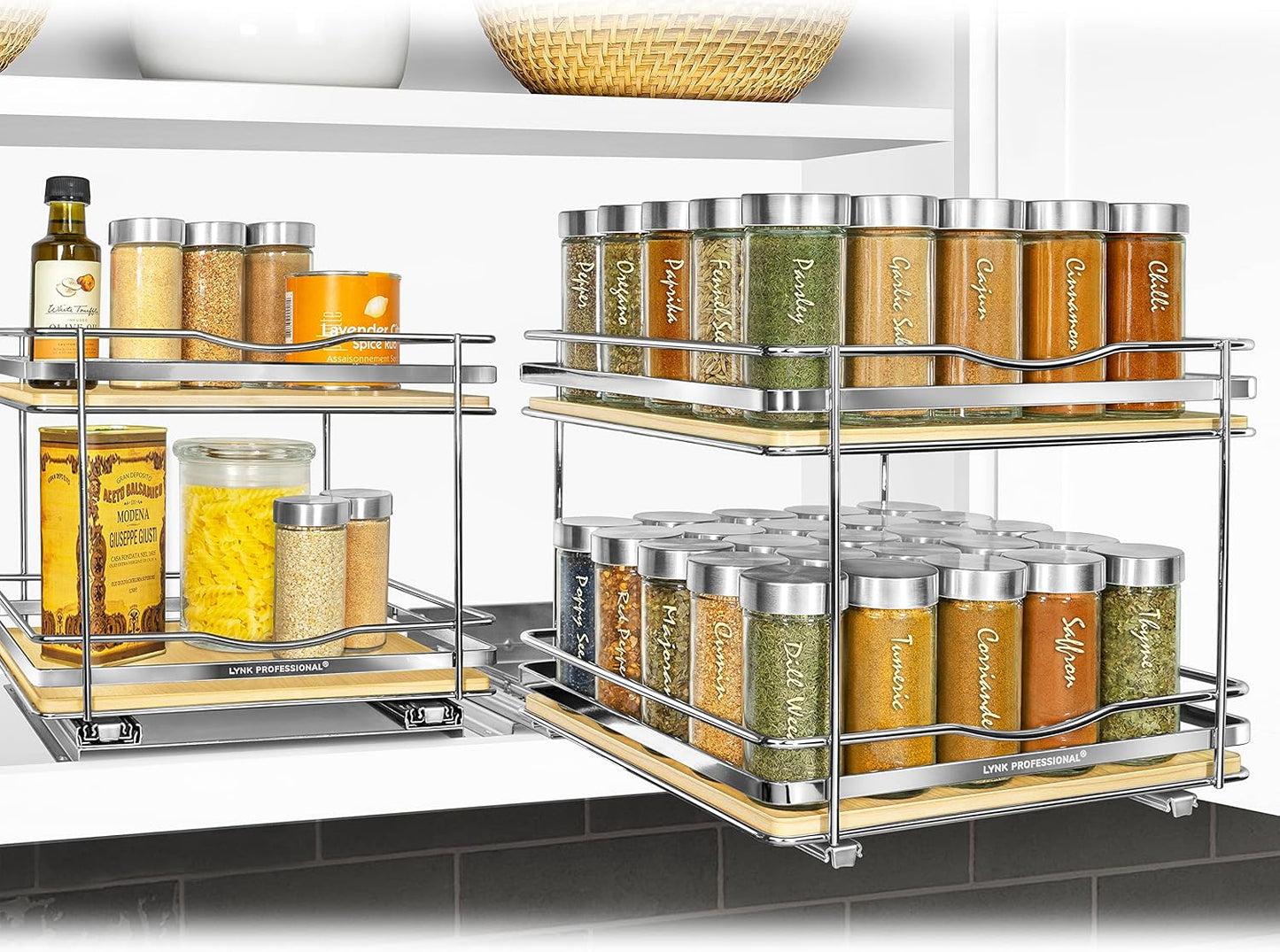 LYNK PROFESSIONAL® Pull Out Spice Organization for Cabinets - 4-3/8 inch Wide – Spice Rack for Inside Cabinets, Slide Out Spice Rack Organizer for cabinet – Pull Out Spice Rack, Sliding 2 Tier Chrome