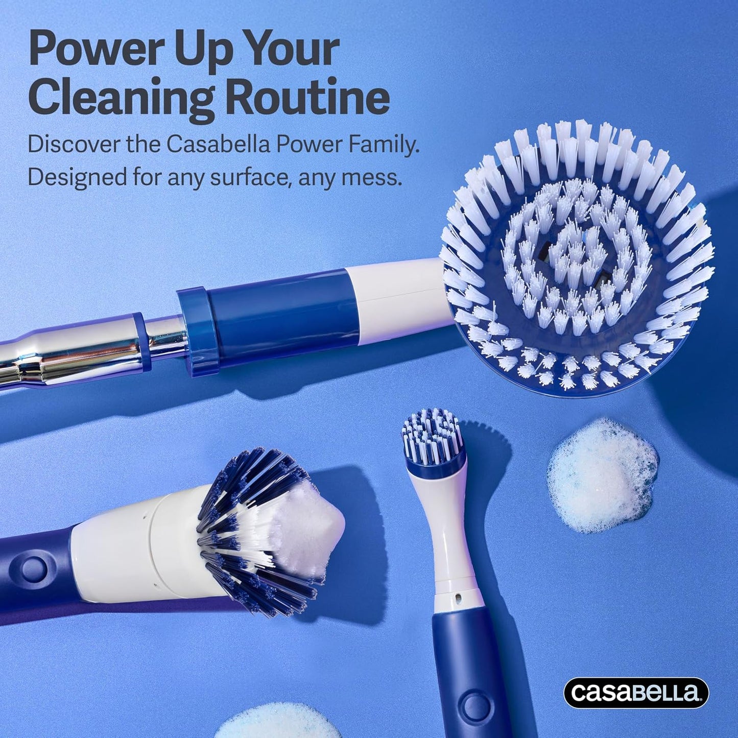 Casabella Power Spin Scrubber, Extendable to 47.5” – Cordless Electric Cleaner for Shower, Kitchen, Bathroom, Tile, Tub, Car, Deck - Rechargeable Spin Brush with Adjustable Brush Head & 4 Attachments