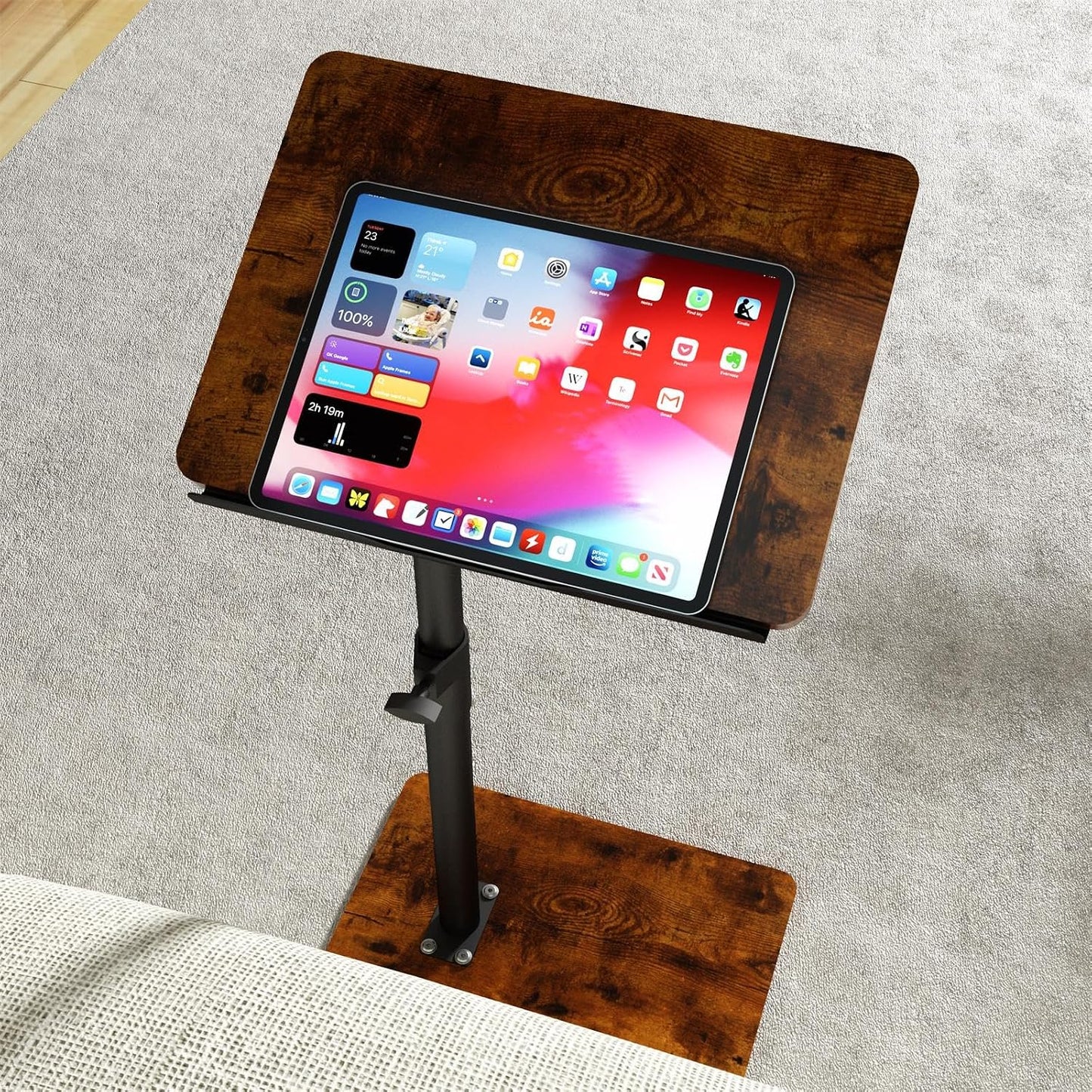YUHFERA Sofa Armrest Tray Table for Couch - 360° Swivel Height Adjustable End for Small Spaces, Snack Side Table for Bed or Chair with Phone & Tablet Slot (Rustic,Standard)