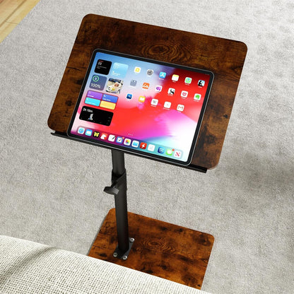 YUHFERA Sofa Armrest Tray Table for Couch - 360° Swivel Height Adjustable End for Small Spaces, Snack Side Table for Bed or Chair with Phone & Tablet Slot (Rustic,Standard)