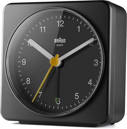 Braun Classic Analogue Alarm Clock with Snooze and Light, Quiet Quartz Sweeping Movement, Crescendo Beep Alarm in White, Model BC03W.
