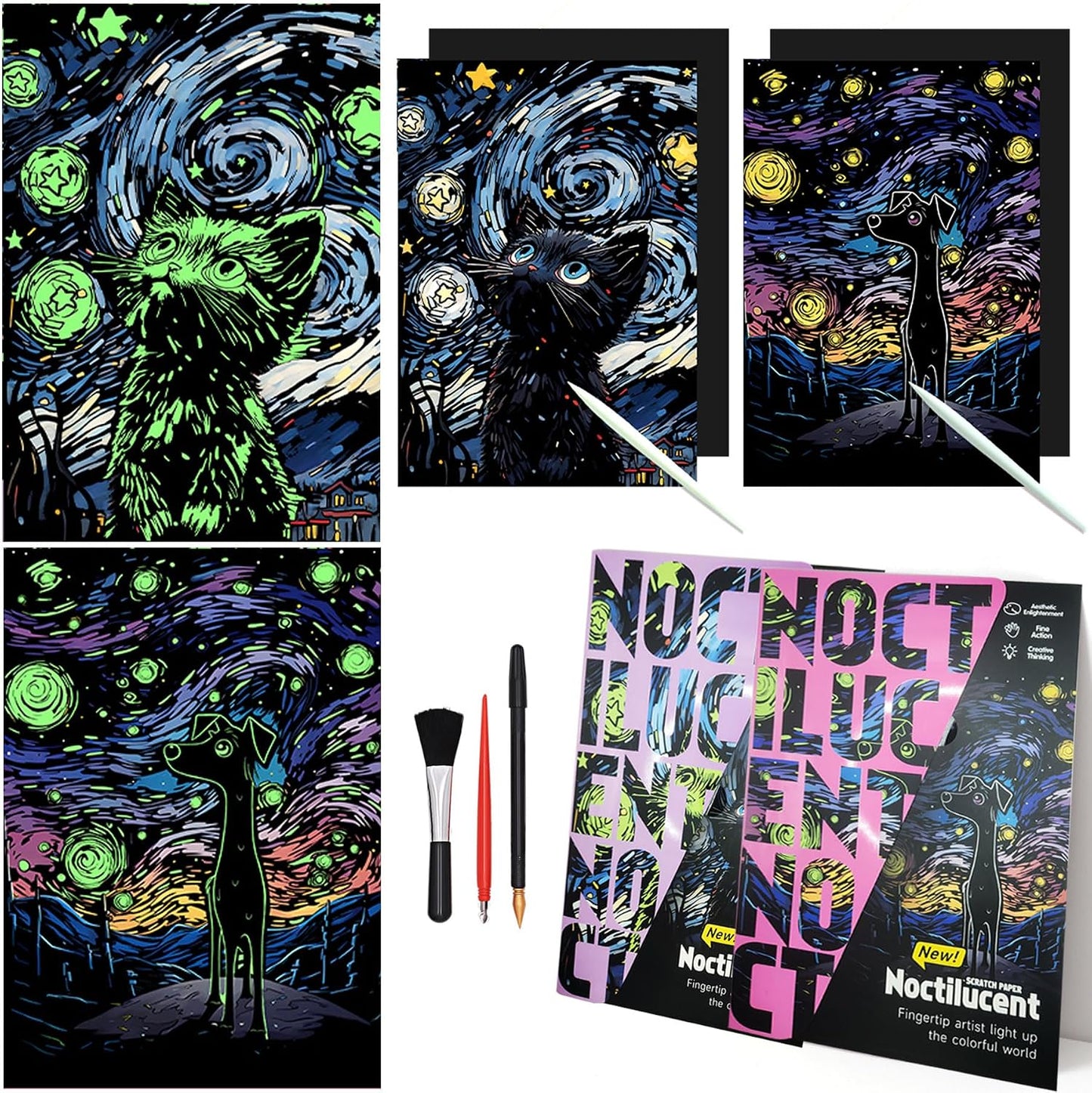Luminous Scratch Paper Art Kit for Adults, 16x11.2in (Black Cat&Dog) | Rainbow Paper Art Scratch Kit, Mindful Meditation Craft for Adults, Stress Relief Activity, Screen Free&Creative Home Decor
