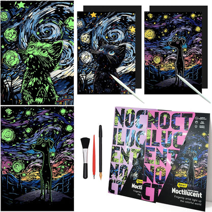 Luminous Scratch Paper Art Kit for Adults, 16x11.2in (Black Cat&Dog) | Rainbow Paper Art Scratch Kit, Mindful Meditation Craft for Adults, Stress Relief Activity, Screen Free&Creative Home Decor