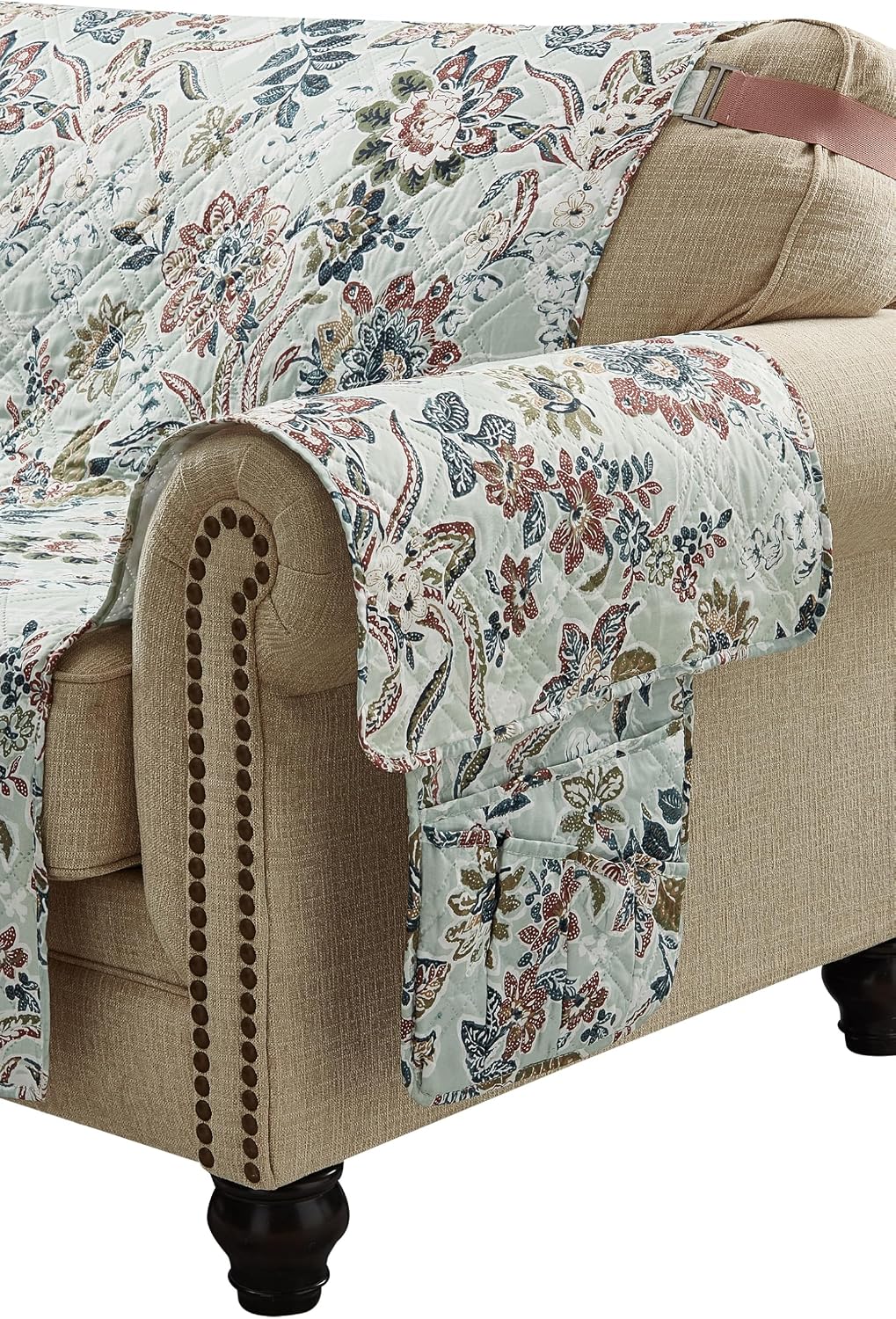 Brilliant Sunshine Burgundy Toile Floral Couch Armrest Cover, 35"×13" | Washable Magazine Holder, Armrest Organizer & Caddy on Sofa, Recliner, Armchair, Storage for Remote Controls, Phone, iPad
