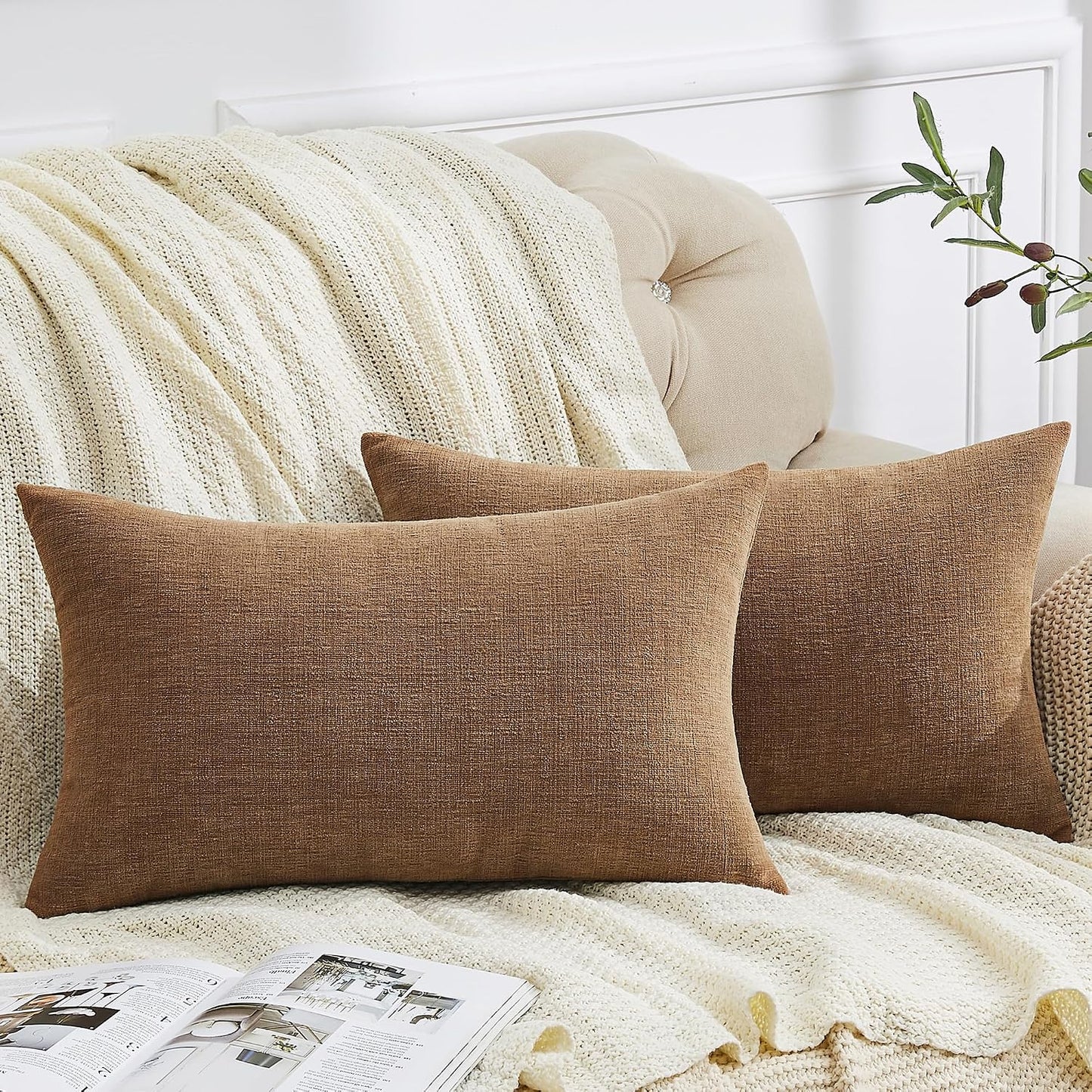 GAWAMAY Lumbar Support Pillow Decorative Rectangle Throw Pillow Covers 12"x20" Inch Set of 2, Soft Chenille Fall Pillowcase for Living Room Bedroom Sofa Couch Cushion Cover Grey 30x50cm (No Insert)